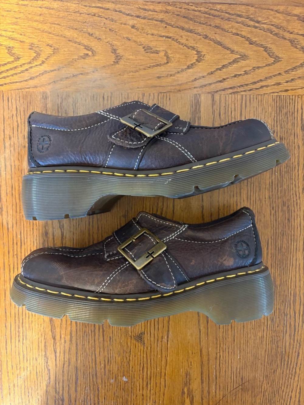 90s Vintage Chunky Doc Martens Brown Mary Jane Leather Buckle Clogs shoes EUR 39 - Picture 2 of 10